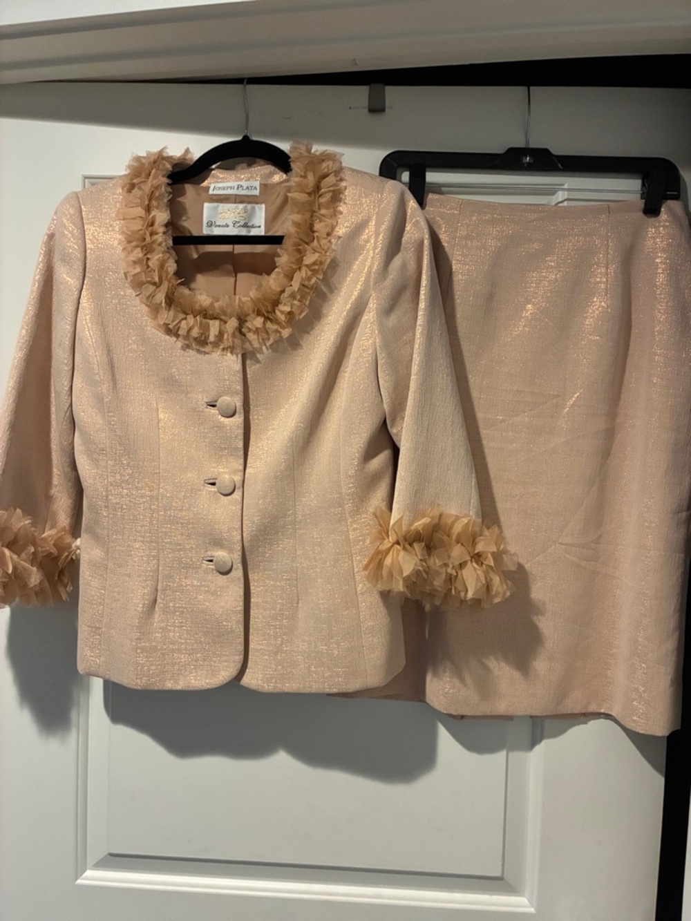 Joseph Plata Goldish Blush Pink Two-Piece Ruffle Trim Skirt Suit